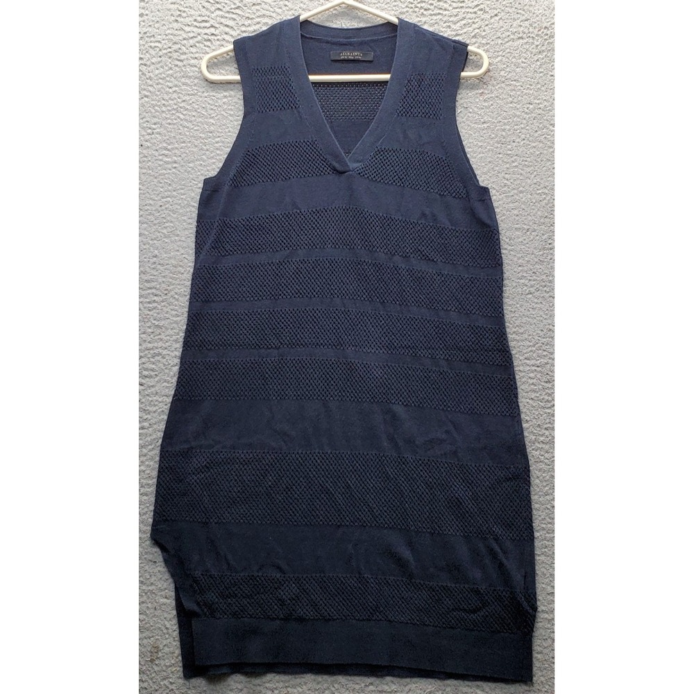 AllSaints Sweater Dress Womens Size 6 Blue Linen Blend Fix Mesh Knit Sleeveless